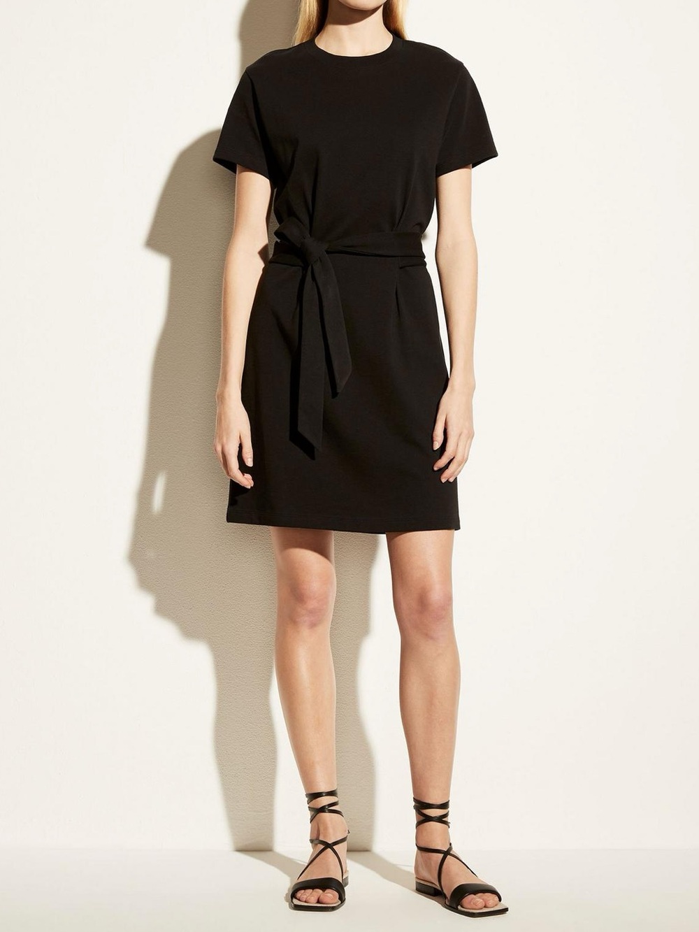 VINCE 100% Cotton Short Sleeve Tie Waist Dress in Black